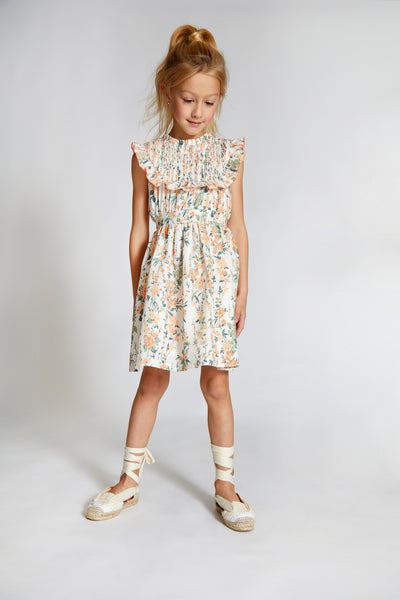 Nueces ss24 Coral Flowers Stripe Smocked Dress